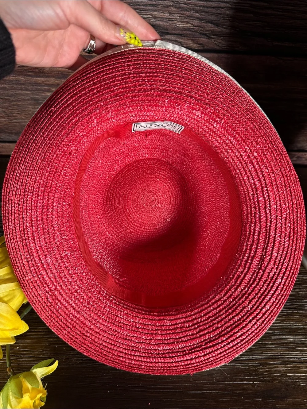 Kokin Vintage Red Straw Hat with Coral Beaded Band